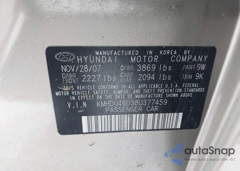 2008 Hyundai Elantra Gls/Se from USA, damaged, VIN KMHDU46D38U377459